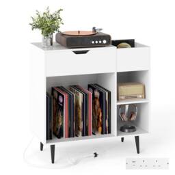 Costway Record Player Stand Wooden Turntable End Table w/ Built-In Power Strip in White