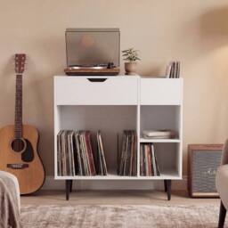 Costway Record Player Stand Wooden Turntable End Table w/ Built-In Power Strip in White - thumbnail 8