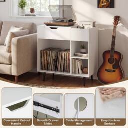 Costway Record Player Stand Wooden Turntable End Table w/ Built-In Power Strip in White - thumbnail 3