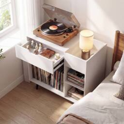 Costway Record Player Stand Wooden Turntable End Table w/ Built-In Power Strip in White - thumbnail 2