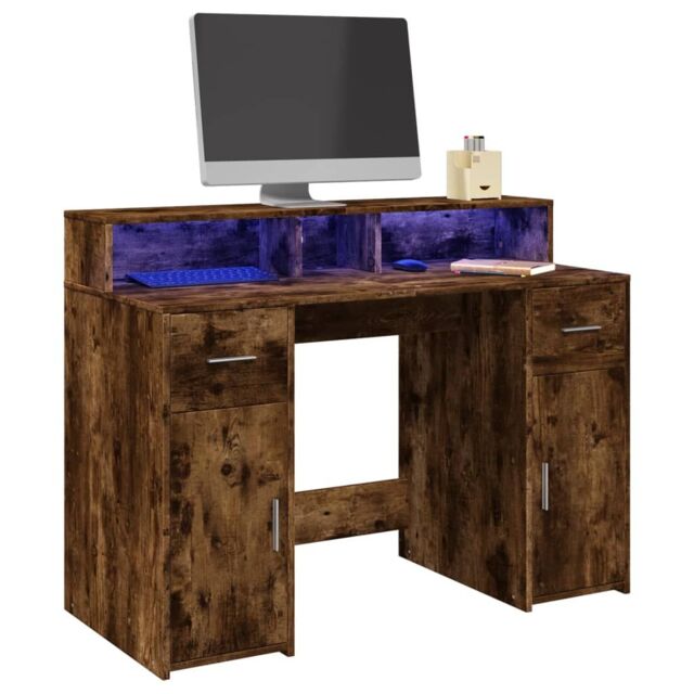 Berkfield Home Desk with LED Lights Smoked Oak 120x55x91 cm Engineered Wood in Brown - Size: 120 x 55 x 91 cm - image 1