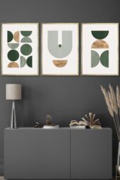 ARTZE Mid Century Geometric in Green & Gold Framed Wall Art - Medium in Metallic Gold - Size: W45 cm x H62 cm x D20mm
