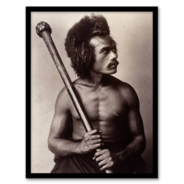 Artery8 Burton Brothers Photograph of a Fijian Warrior Framed Wall Art Print in Brown - Size: A4 - image 1