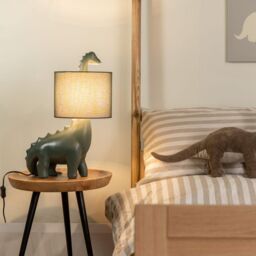 ValueLights Kids Green Dinosaur Bedside Table Lamp with Drum Fabric Shade in Dark Green - thumbnail 1