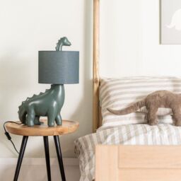 ValueLights Kids Green Dinosaur Bedside Table Lamp with Drum Fabric Shade in Dark Green - thumbnail 3