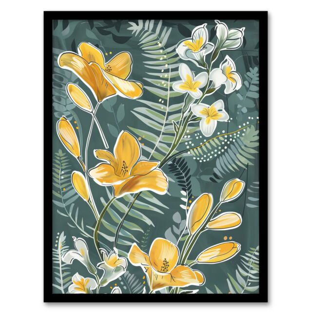 "Artery8 Spring Freesia Yellow Flowers Botanical Painting Framed Art Print - Size: W12"" x H16""" - image 1