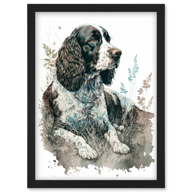 Artery8 English Springer Spaniel Dog Lying in Field Modern Watercolour Illustration Artwork Framed Wall Art Print A4 in Black - image 1