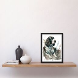 Artery8 English Springer Spaniel Dog Lying in Field Modern Watercolour Illustration Artwork Framed Wall Art Print A4 in Black - thumbnail 2