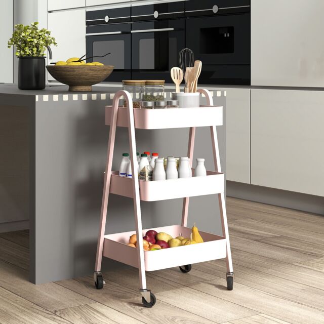 HOMCOM 3-Tier Rolling Utility Cart Kitchen Storage Trolley on Wheels in Pink - image 1