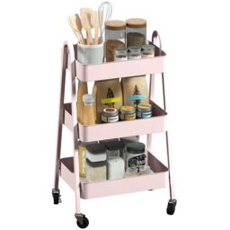 HOMCOM 3-Tier Rolling Utility Cart Kitchen Storage Trolley on Wheels in Pink - thumbnail 2