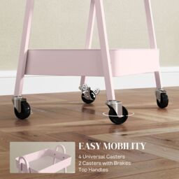 HOMCOM 3-Tier Rolling Utility Cart Kitchen Storage Trolley on Wheels in Pink - thumbnail 6