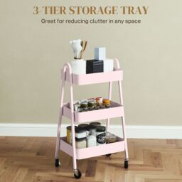 HOMCOM 3-Tier Rolling Utility Cart Kitchen Storage Trolley on Wheels in Pink - thumbnail 4