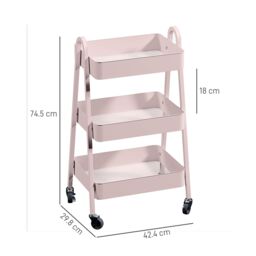 HOMCOM 3-Tier Rolling Utility Cart Kitchen Storage Trolley on Wheels in Pink - thumbnail 3