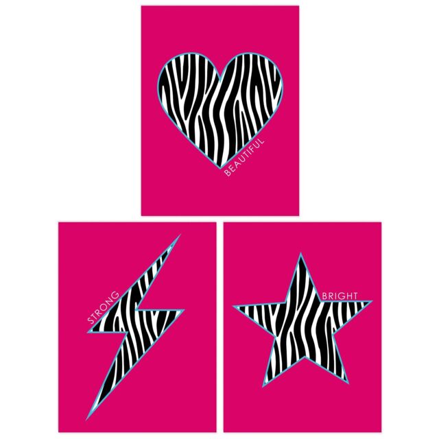 Wee Blue Coo Pack of 3 Zebra Pattern Heart Lightning Star Shape On Block Hot Pink Motivational Unframed Wall Art Living Room Prints Set in Bright Pink - image 1