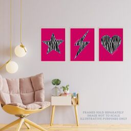 Wee Blue Coo Pack of 3 Zebra Pattern Heart Lightning Star Shape On Block Hot Pink Motivational Unframed Wall Art Living Room Prints Set in Bright Pink - thumbnail 3