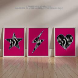 Wee Blue Coo Pack of 3 Zebra Pattern Heart Lightning Star Shape On Block Hot Pink Motivational Unframed Wall Art Living Room Prints Set in Bright Pink - thumbnail 6