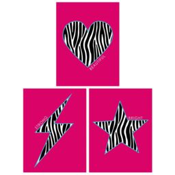 Wee Blue Coo Pack of 3 Zebra Pattern Heart Lightning Star Shape On Block Hot Pink Motivational Unframed Wall Art Living Room Prints Set in Bright Pink - thumbnail 1