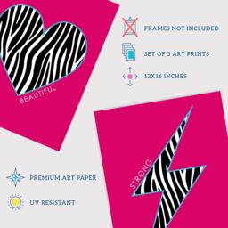 Wee Blue Coo Pack of 3 Zebra Pattern Heart Lightning Star Shape On Block Hot Pink Motivational Unframed Wall Art Living Room Prints Set in Bright Pink - thumbnail 4