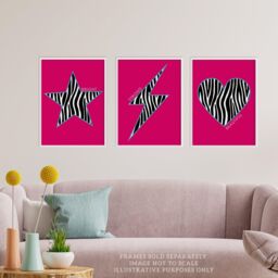 Wee Blue Coo Pack of 3 Zebra Pattern Heart Lightning Star Shape On Block Hot Pink Motivational Unframed Wall Art Living Room Prints Set in Bright Pink - thumbnail 2