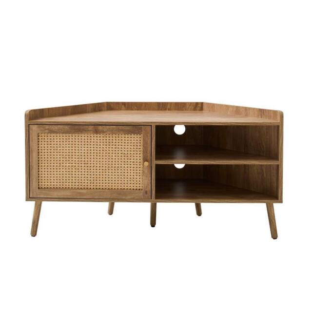CALICOSY PALMO Corner TV Unit With 1 Door & Rattan Front, 120Cm Wide in Light Brown - image 1