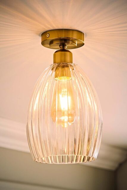 ValueLights Cheltenham Clear Ribbed Glass Dome Flush Ceiling Light with LED Bulb in Gold - image 1