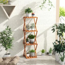 Costway 4-Tier Folding Plant Rack Free Standing Shoe Rack w/Wood Frame in Natural - thumbnail 4