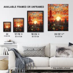 Artery8 Wall Art Print Seville Spain Magnificent Sunrise Over Cathedral Abstract Cityscape Flowers Artwork Painting Art Framed in Orange - Size: A4 - thumbnail 3