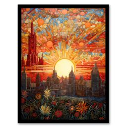 Artery8 Wall Art Print Seville Spain Magnificent Sunrise Over Cathedral Abstract Cityscape Flowers Artwork Painting Art Framed in Orange - Size: A4 - thumbnail 1