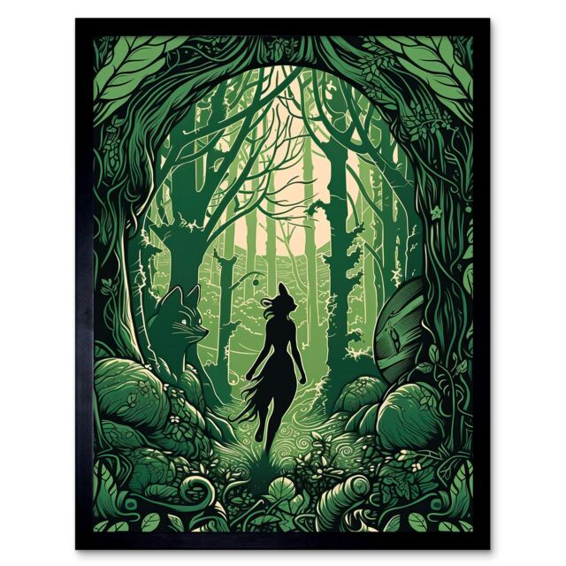 "Artery8 Wall Art Print Anthropomorphic Fox Silhouette Forest Art Nouveau Art Framed in Black - Size: W12"" x H16""" - image 1