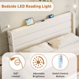 Matteo Upholstered Bed with Charging Station in Beige - Size: Double - thumbnail 6