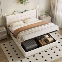 Matteo Upholstered Bed with Charging Station in Beige - Size: Double - thumbnail 2