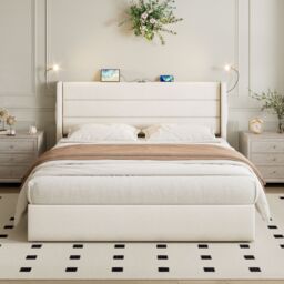 Matteo Upholstered Bed with Charging Station in Beige - Size: Double - thumbnail 5