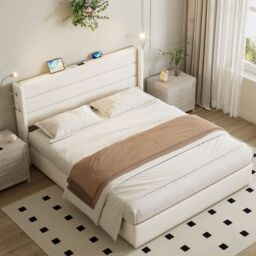 Matteo Upholstered Bed with Charging Station in Beige - Size: Double - thumbnail 4