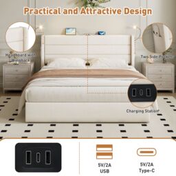 Matteo Upholstered Bed with Charging Station in Beige - Size: Double - thumbnail 7