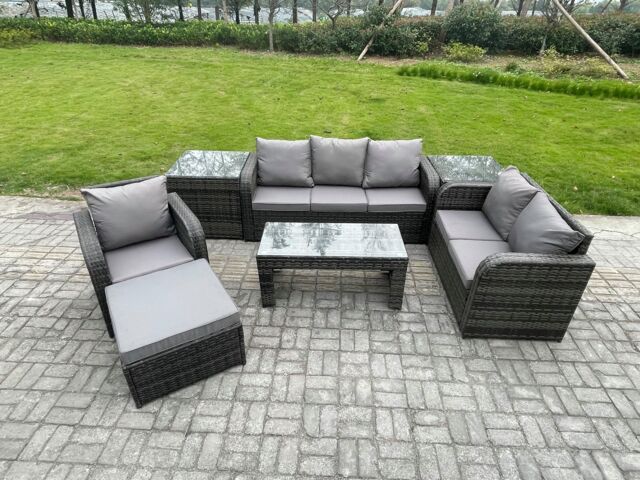 Fimous 7 Seater High Back Rattan Garden Furniture Set with Loveseat Sofa Rectangular Coffee Table 2 Side Tables Indoor Outdoor Patio Lounge Sofa Set - image 1
