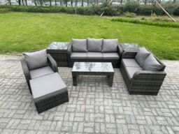 Fimous 7 Seater High Back Rattan Garden Furniture Set with Loveseat Sofa Rectangular Coffee Table 2 Side Tables Indoor Outdoor Patio Lounge Sofa Set - thumbnail 1