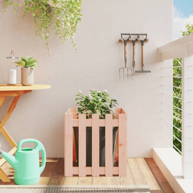 Berkfield Home Garden Planter with Fence Design 50x50x50 cm Solid Wood Douglas in Brown - Size: 50 x 50 x 50 cm - image 1
