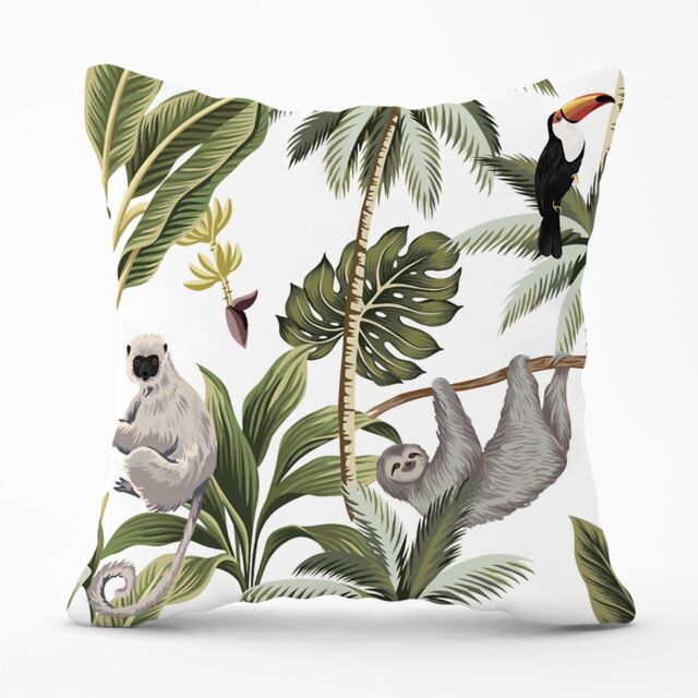 Warren Reed - Designer Tropical Sloths Outdoor Cushion in Green - Size: 45 cm x 45 cm - image 1