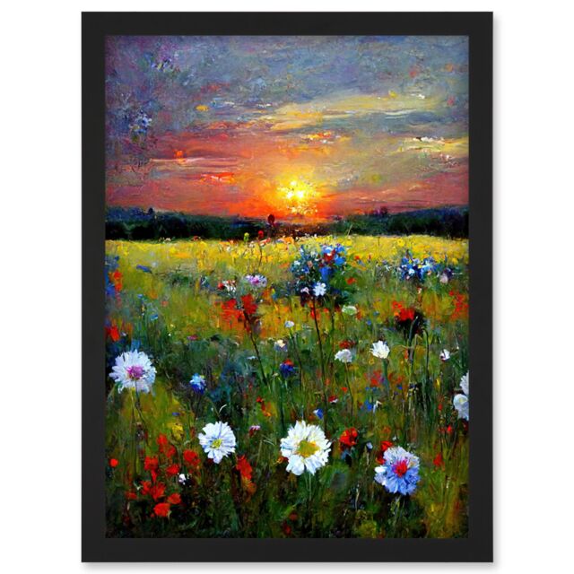 Artery8 Wildflower Floral Landscape Sunrise Oil Artwork Framed Wall Art Print A4 in Black - image 1