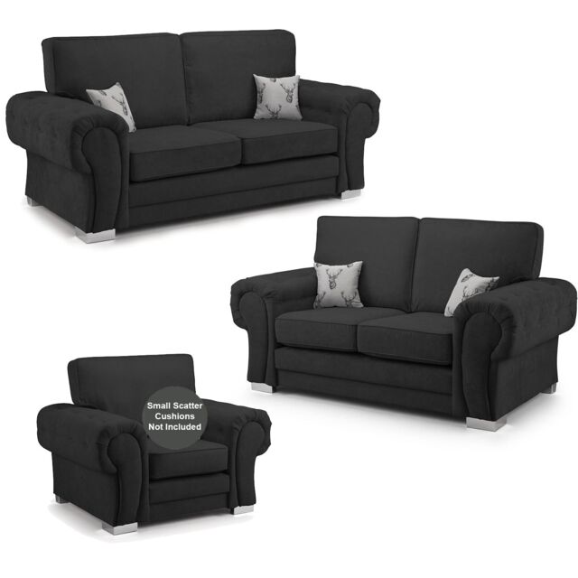 Furnishings For Less UK Milan Fabric 3 Piece Sofa Suite Black Full Back Chesterfield Style - image 1