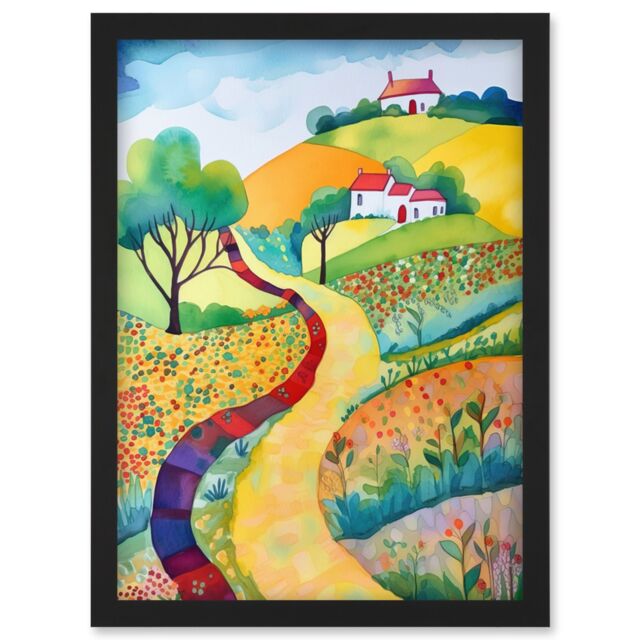 Artery8 Countryside Path In Spring Folk Art Landscape Watercolour Painting Artwork Framed Wall Art Print A4 in Black - image 1