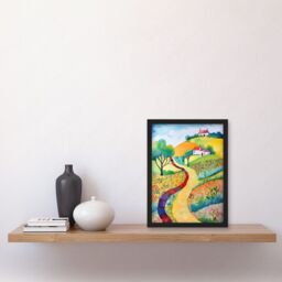 Artery8 Countryside Path In Spring Folk Art Landscape Watercolour Painting Artwork Framed Wall Art Print A4 in Black - thumbnail 2