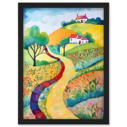Artery8 Countryside Path In Spring Folk Art Landscape Watercolour Painting Artwork Framed Wall Art Print A4 in Black - thumbnail 1