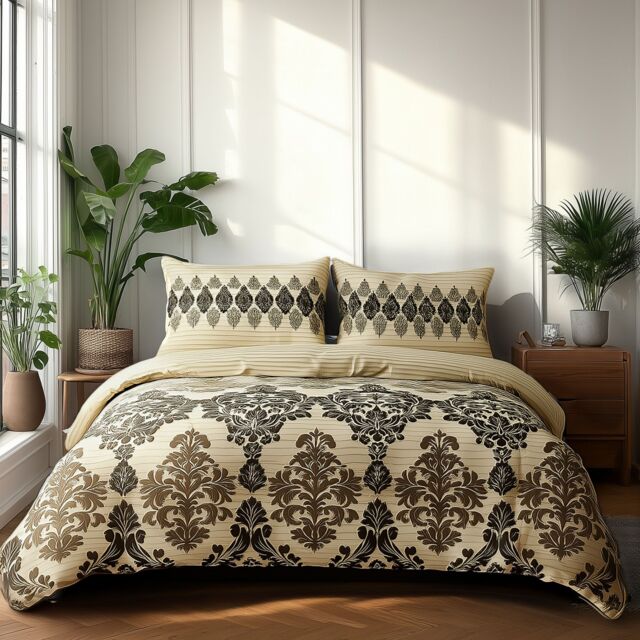 Snug City Duvet Cover & Pillowcase Set Stripe & Floral Polycotton Bed Linen in Beige - Size: Single - image 1