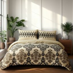 Snug City Duvet Cover & Pillowcase Set Stripe & Floral Polycotton Bed Linen in Beige - Size: Single