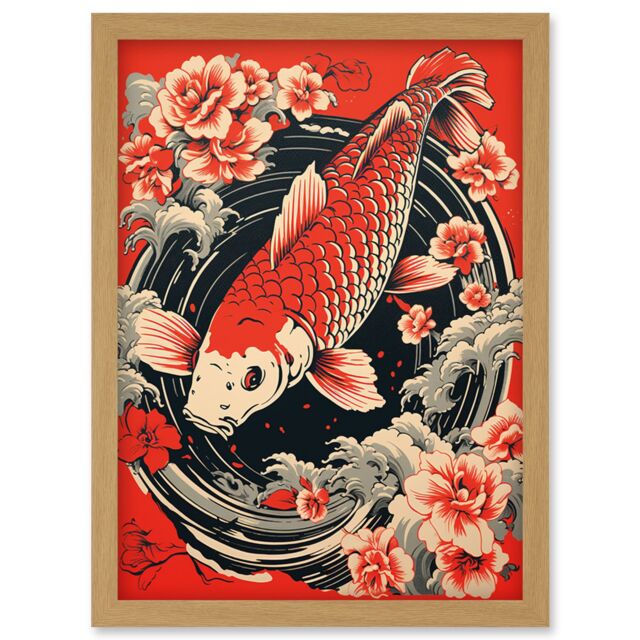 Artery8 Wall Art Print Koi Fish Carp Japan Whirlpool Red Black Floral Artwork Coy Artwork Framed A4 in Light Oak - image 1