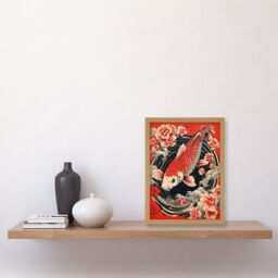 Artery8 Wall Art Print Koi Fish Carp Japan Whirlpool Red Black Floral Artwork Coy Artwork Framed A4 in Light Oak - thumbnail 2