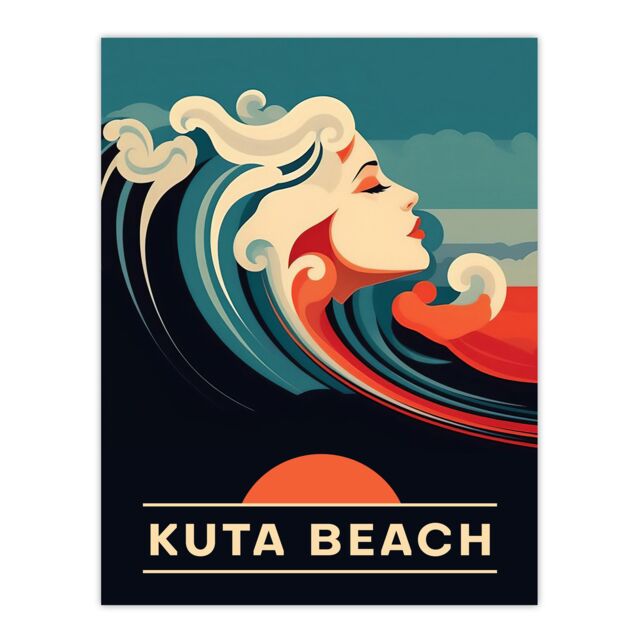 "Artery8 Wall Art Print The Seaside Calls Kuta Beach Indonesia Sunset Woman of the Waves Sea Siren Ocean Poster in Blue - Size: W24"" x H32""" - image 1