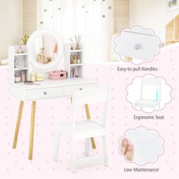 Costway Kids Vanity Set Princess Vanity Desk Set w/ LED Lighted Mirror in Pink - thumbnail 2