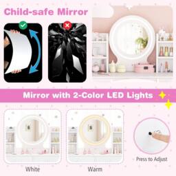 Costway Kids Vanity Set Princess Vanity Desk Set w/ LED Lighted Mirror in Pink - thumbnail 7